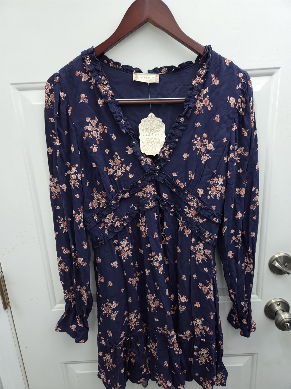 Altar'd State Navy Floral Long-Sleeve Ruffle Dress